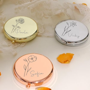 Birthday Gifts | Personalized Birth Flower Compact Mirror | Bridesmaid Proposal | Engraved Pocket Mirror | Gift for Her | Mother in Law Gift