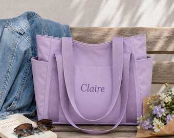 Bolso tote multibolsillos personalizado, organizador multiusos con nombre bordado para el trabajo y los viajes.