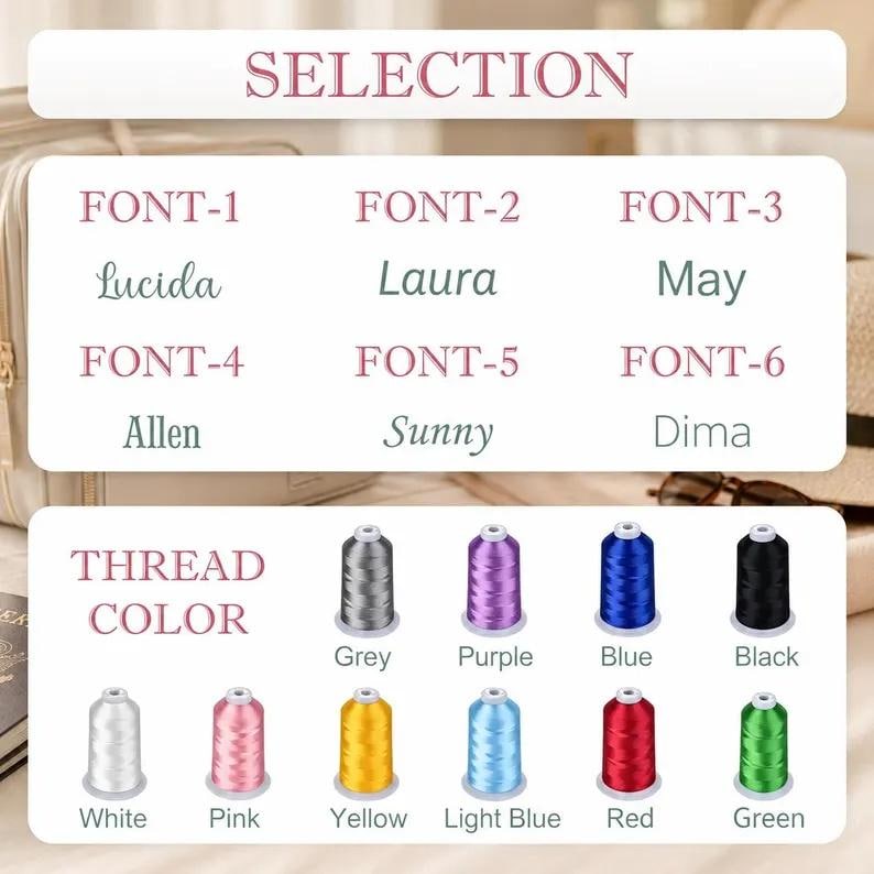 May include: A selection chart displaying six distinct font styles labeled FONT-1 through FONT-6, followed by a thread color guide featuring twelve spools in white, pink, yellow, light blue, red, green, grey, purple, blue, and black colors.