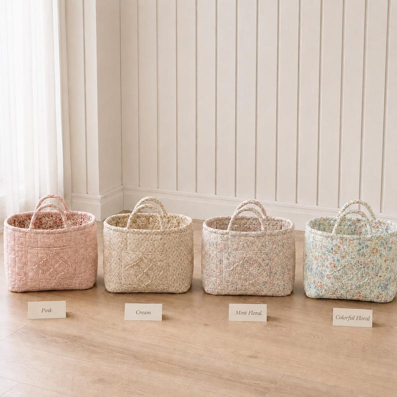May include: Four quilted fabric baskets with two handles each, featuring floral patterns in pink, cream, mint floral, and colorful floral. Each basket has a small rectangular pocket on the front and is labeled with a card reading Pink, Cream, Mint Floral, or Colorful Floral.