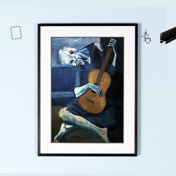 Framed art on Picasso The Old Guitarist 1903 with black core matboard 12x16" A4