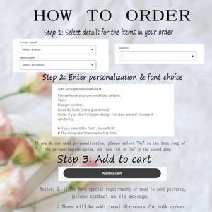 Puede incluir: Instrucciones para pedir art&iacute;culos personalizados.  Seleccione un color, personalice y la cantidad.  Agregue sus detalles de personalizaci&oacute;n, incluyendo el texto, el n&uacute;mero de dise&ntilde;o y la fecha l&iacute;mite.  Si no necesita personalizaci&oacute;n, seleccione "No" en el primer paso de la opci&oacute;n de personalizaci&oacute;n y luego complete "No" en el segundo paso.  Bot&oacute;n "Agregar al carrito".  Aviso: 1. Si tiene requisitos especiales o necesita enviar im&aacute;genes, comun&iacute;quese con nosotros por mensaje. 2. Habr&aacute; descuentos adicionales para pedidos al por mayor.