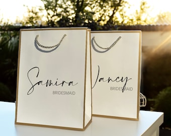 Witte cadeautas met touwgrepen, gepersonaliseerde cadeautas bruidsmeisje, naamcadeautassen, tas striklint, tas verjaardagscadeau, tassen bruidsfeest