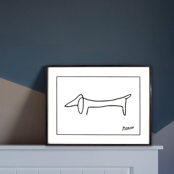 Art encadré sur Picasso Weiner Dog Line Drawing Art Cadre mural en aluminium Noir mat avec décor mural en carton noir minimaliste 12x16" A4