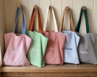 Personalized Seersucker Tote Bag with Zipper, Large Striped Style, Embroidered Name