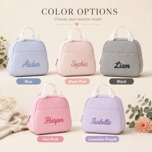 Bolsa de almuerzo personalizada bordada para niños, lonchera isotérmica con nombre personalizado, bolsa de almuerzo de tela seersucker, regalo de regreso a clases, bolsa de almuerzo con monograma imagen 6