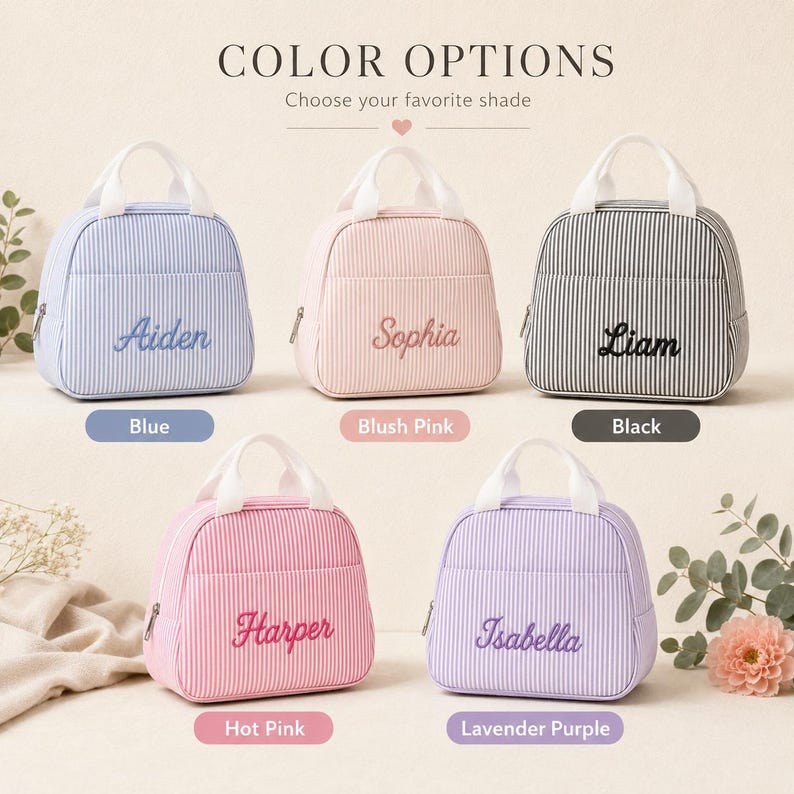 Bolsa de almuerzo personalizada bordada para niños, lonchera isotérmica con nombre personalizado, bolsa de almuerzo de tela seersucker, regalo de regreso a clases, bolsa de almuerzo con monograma imagen 6