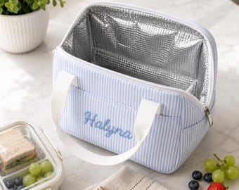 Personalized Embroidered Lunch Bag for Kids, Custom Name Insulated Lunch Box, Seersucker Lunch Tote, Back to School Gift, Monogram Lunch Bag