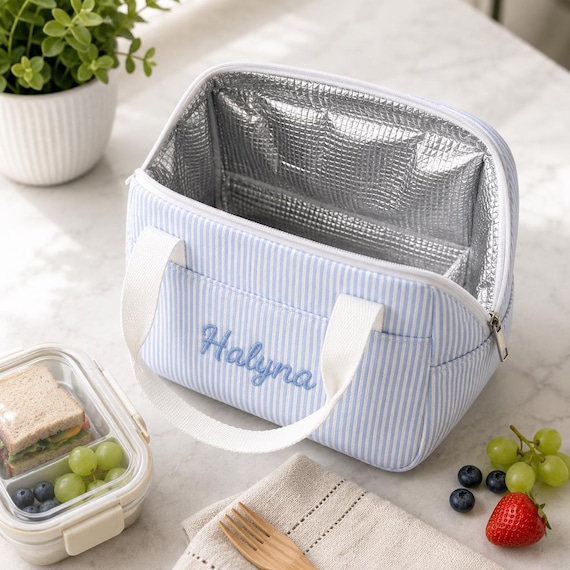 Personalized Embroidered Lunch Bag for Kids, Custom Name Insulated Lunch Box, Seersucker Lunch Tote, Back to School Gift, Monogram Lunch Bag