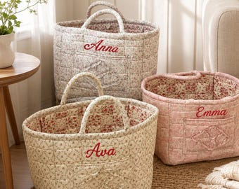 Panier de rangement matelassé personnalisé à motif floral, panier à couches personnalisé avec prénom, sac de rangement pour chambre de bébé, cadeau de naissance pour une nouvelle maman