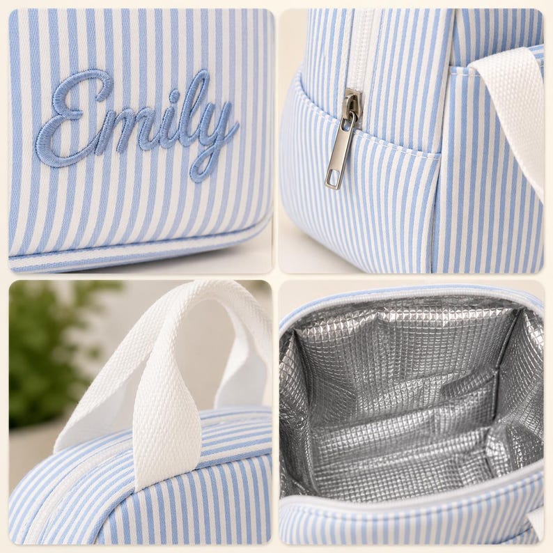Puede incluir: Una bolsa de almuerzo con un patr&oacute;n de rayas verticales en azul claro y blanco. El exterior muestra el nombre Emily bordado en letra azul. Incluye una cremallera blanca con tirador plateado, asas de tela blanca y un interior plateado aislado.