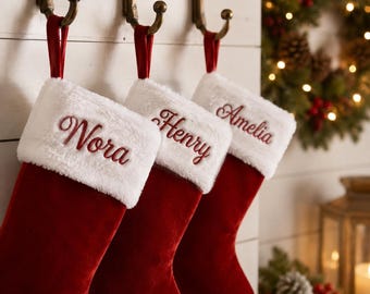Matching Personalized Christmas Stockings, Custom Name Family Stocking Set, Red Velvet Embroidered Stockings, Christmas Mantel Decor