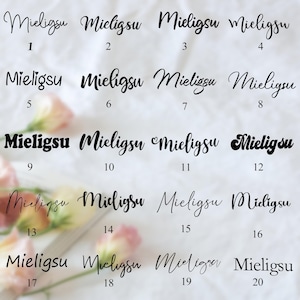 Puede incluir: Un fondo blanco con 20 cuadros de texto negros, cada uno con la palabra "Mieligsu" en un estilo de fuente diferente. Los cuadros est&aacute;n numerados del 1 al 20.