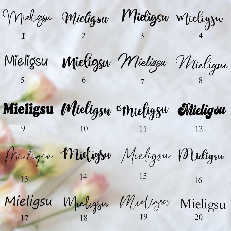 Puede incluir: Un fondo blanco con 20 cuadros de texto negros, cada uno con la palabra "Mieligsu" en un estilo de fuente diferente. Los cuadros est&aacute;n numerados del 1 al 20.