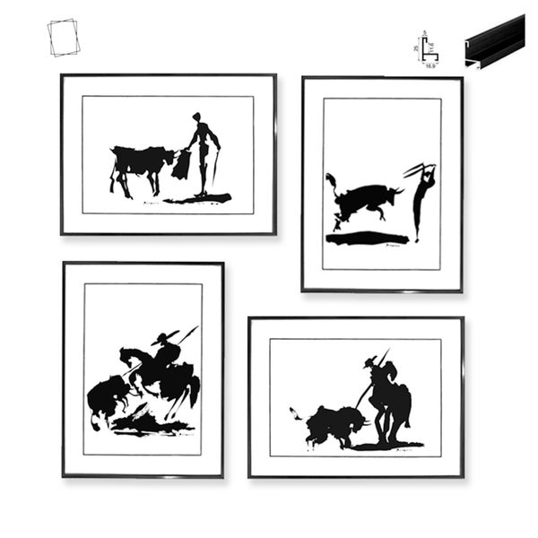 Framed art on picasso bullfight silhouette art aluminum wall frame Matt black with matboard wall decor black minimalist A4  12x16"