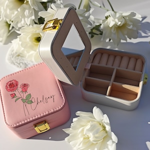 Portagioie con fiore di nascita inciso, portagioie da viaggio, regalo di compleanno, regali per feste nuziali, regali per damigelle d'onore, regalo per lei