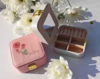 Engraved Birth Flower jewellery Box, Travel Jewelry Box, Birthday Gift, Bridal Party Gifts, Bridesmaid Gifts, Gift for her