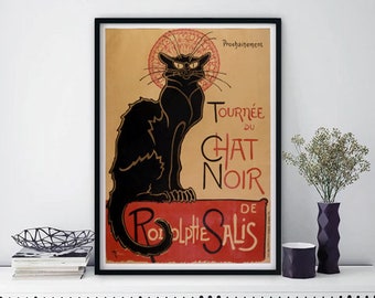 Framed art on Black Cat  or French rooster Wall Art, Chat Noir  Vintage canvas painting Poster  frame  A5 A4 A3