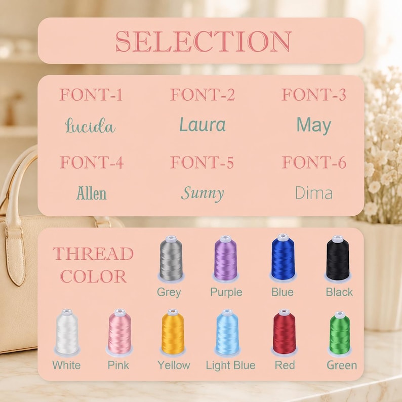 Puede incluir: Una tabla de selecci&oacute;n sobre un fondo color melocot&oacute;n que muestra seis estilos de fuente etiquetados de FONT-1 a FONT-6, con nombres como Lucida, Laura, May, Allen, Sunny y Dima. Debajo, se muestran doce carretes de hilo en gris, morado, azul, negro, blanco, rosa, amarillo, azul claro, rojo y verde.
