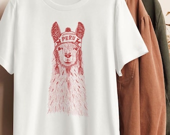 WOMAN Eco-friendly Llama T-Shirt, Organic Cotton Tee, Animal Lover Gift, Birthday Gift For Her, Hand Drawn Llama Peru, Andean Peruvian Polo
