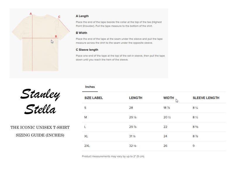 May include: Size chart for a unisex t-shirt with measurements in inches. The chart shows the size label, length, width, and sleeve length for sizes S, M, L, XL, and 2XL.