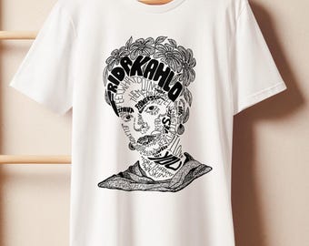 Frida Kahlo T-Shirt, Hand-Drawn Typography  Portrait, Organic Cotton Graphic Tee, Feminist Art Shirt, Boho Style Gift, Frida Kahlo Gift