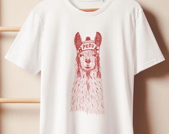 Peruvian Llama T-Shirt, Organic Cotton Tee, Animal Lover Gift, Birthday Gift For Him, Hand Drawn Llama, Andean Peru Polo, Unisex Boho Tee