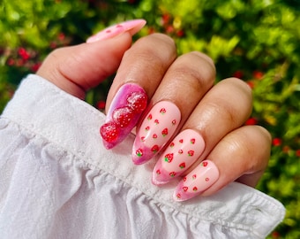 Kawaii Strawberry and Cream Nails With Fizz & "Real" Strawberry!/Pink Cats Eye 3D Press On Nails/Cute Strawberry Nails (Kit Included)