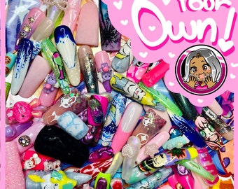 May include: A collection of colorful, long acrylic nails with various designs, including cartoon characters, glitter, and abstract art. The phrase "Create Your Own!" is displayed in pink, along with a cartoon image.