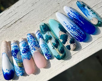 Japanese Wood Print Inspired Nails*Hand Painted Tsunami Nail Art, Mt Fuji Nail Art, Ocean Nail Art, Ukiyo E Press on Nails (Kit Included)