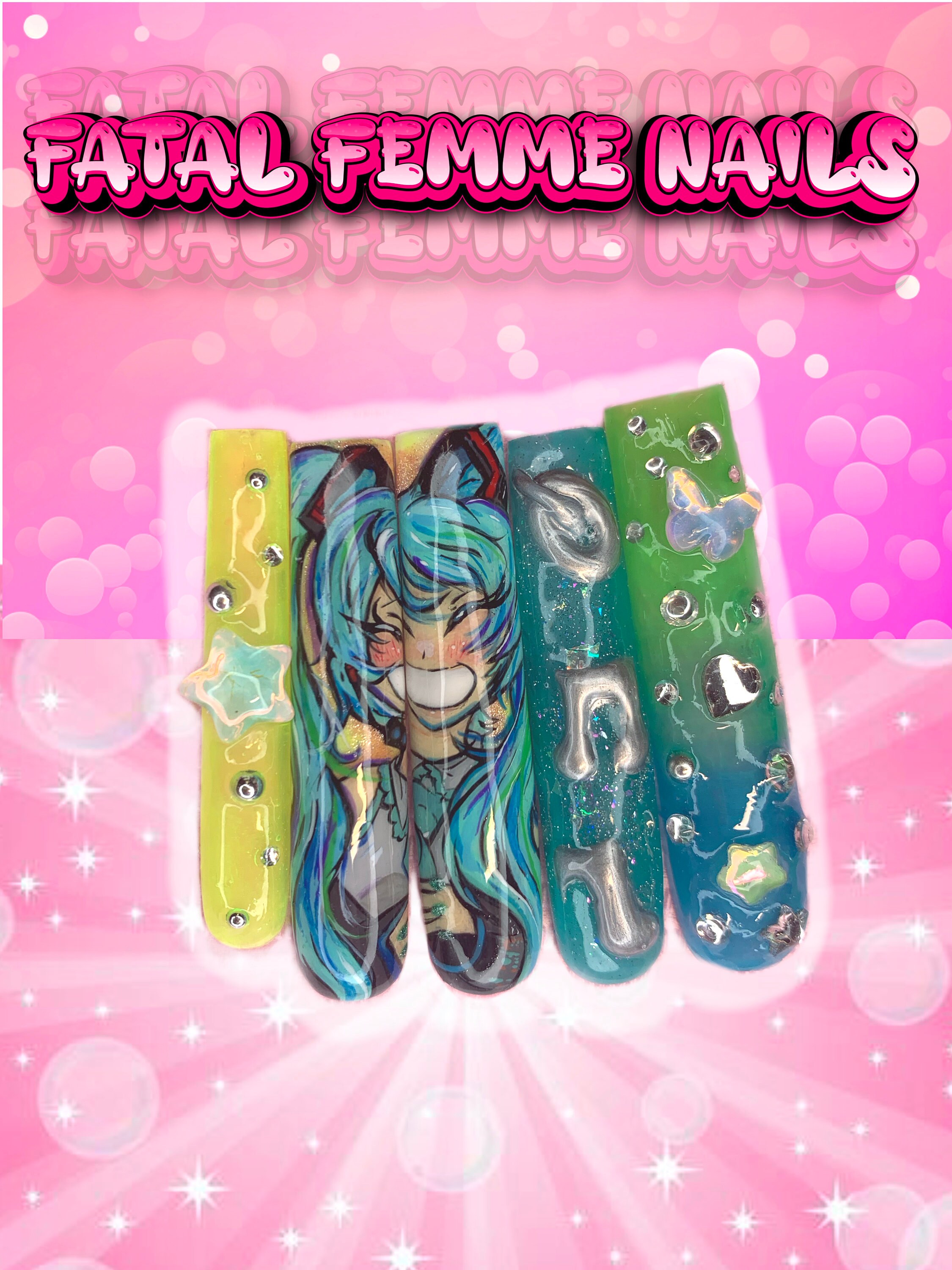 Hand Painted Miku Hatsune Nails WITH Key Chain and Sticker, Hand Painted Anime Nails, Anime Nail Art, Kawaii Nails, Miku Hatsune Art