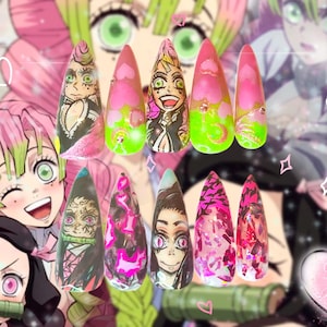 DEMON SLAYER Hand Painted Anime Nail Art, Kawaii Anime Nails, Custom Nezuko and Mitsuri Press On Nail Set (Kit Included)