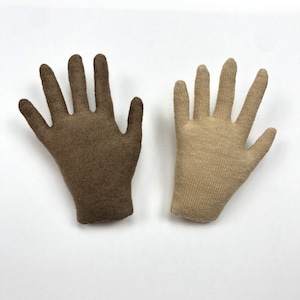 May include: Two stuffed fabric hand-shaped objects, one in a dark brown color and one in a light beige color. Both items feature a textured, woven textile surface and are shaped like human hands with five distinct fingers, presented side by side.