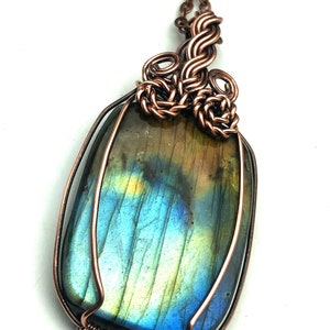 Wire wrapped blue, high flash labradorite copper pendant, labradorite pendant, labradorite necklace, labradorite jewelry, blue labradorite
