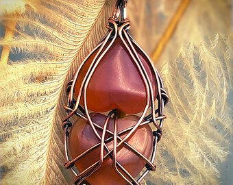 Wire wrapped carnelian hearts pendant, carnelian heart pendant, carnelian heart jewelry, carnelian heart necklace, carnelian heart