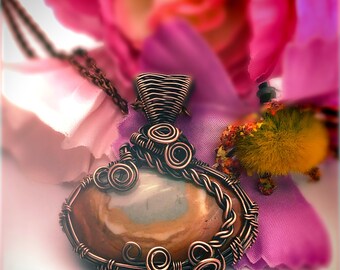 Wire wrapped polychrome  jasper copper pendant, polychrome jasper pendant, polychrome jasper necklace, polychrome jasper jewelry,jasper
