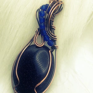 Wire wrapped blue goldstone copper pendant, blue goldstone pendant, goldstone jewelry, blue goldstone, blue goldstone necklace