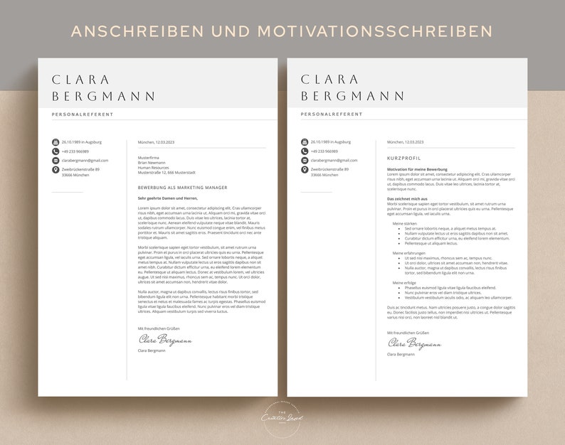 Puede incluir: Una plantilla de carta de presentaci&oacute;n y curr&iacute;culum en blanco y negro con el nombre Clara Bergmann. La carta de presentaci&oacute;n se titula "Bewerbung als Marketing Manager" y el curr&iacute;culum se titula "Kurzprofil".