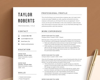 Professional Resume Template for Word, Apple Pages, Google Docs | Resume Template, CV Template, Simple Resume | 1 & 2 Page Classic Resume