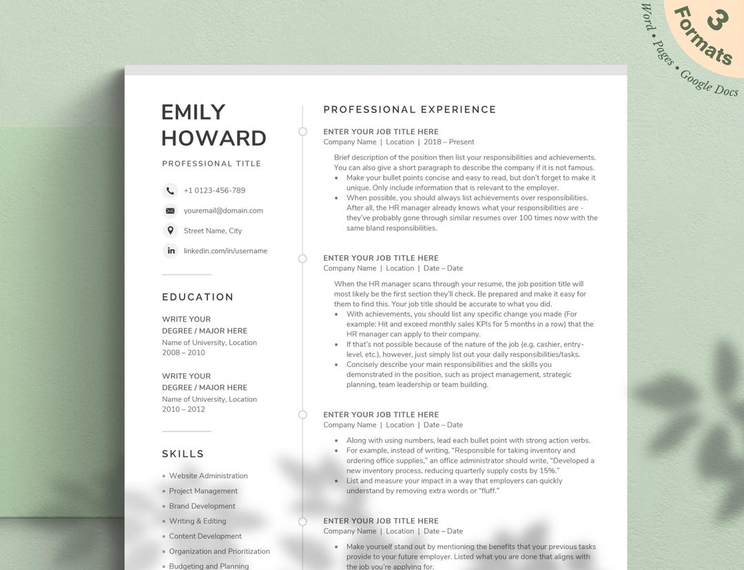 Professional Resume Template for Word, Google Docs, Pages - Etsy