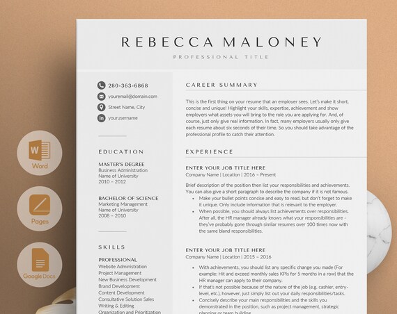 Professional Resume Template for GOOGLE Docs MS Word Pages - Etsy