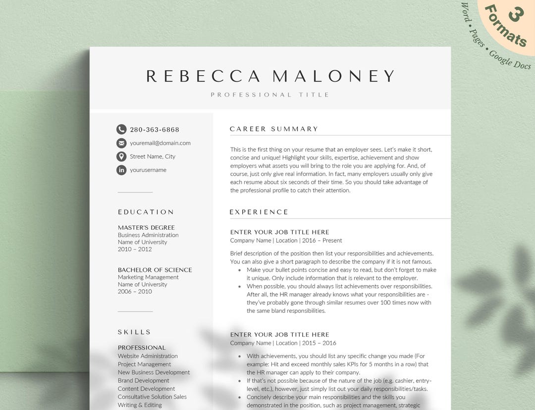 Professional Resume Template for Google Docs, Word, Pages | Clean ...