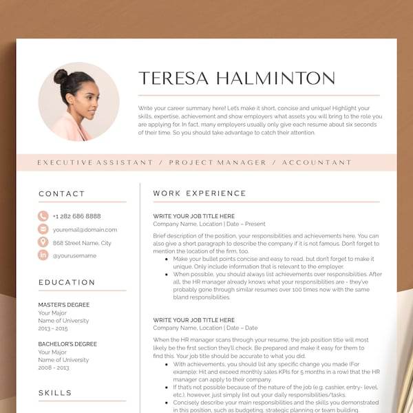 Google Docs Resume Template with Picture, Modern Resume CV Template, Pink Resume Template with Matching Cover Letter, References, Icon Pack