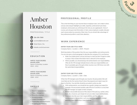 Resume Template for Word, Pages, Google Docs - Professional & Modern CV Design
