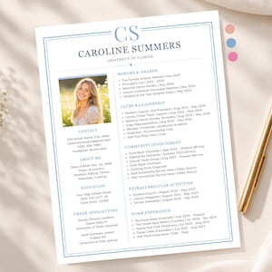 May include: A resume template featuring a light blue border and header with the name Caroline Summers and the initials CS. The document includes sections for contact info, education, honors, clubs, community involvement, and work experience.