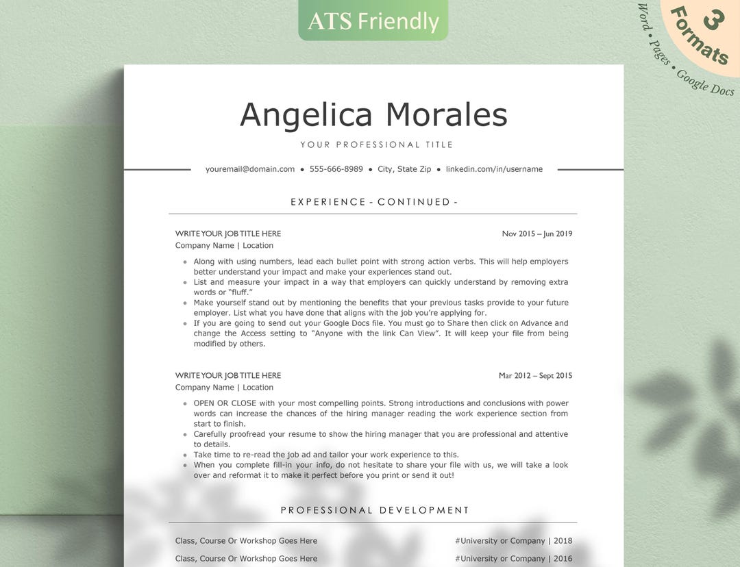 ATS Friendly Resume Template for Word, Pages, Google Docs | Simple ATS ...