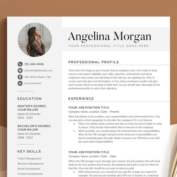 Resume Template with Picture | Resume Template for Word, Pages, Google Docs | Modern Resume CV Template + Cover Letter, References