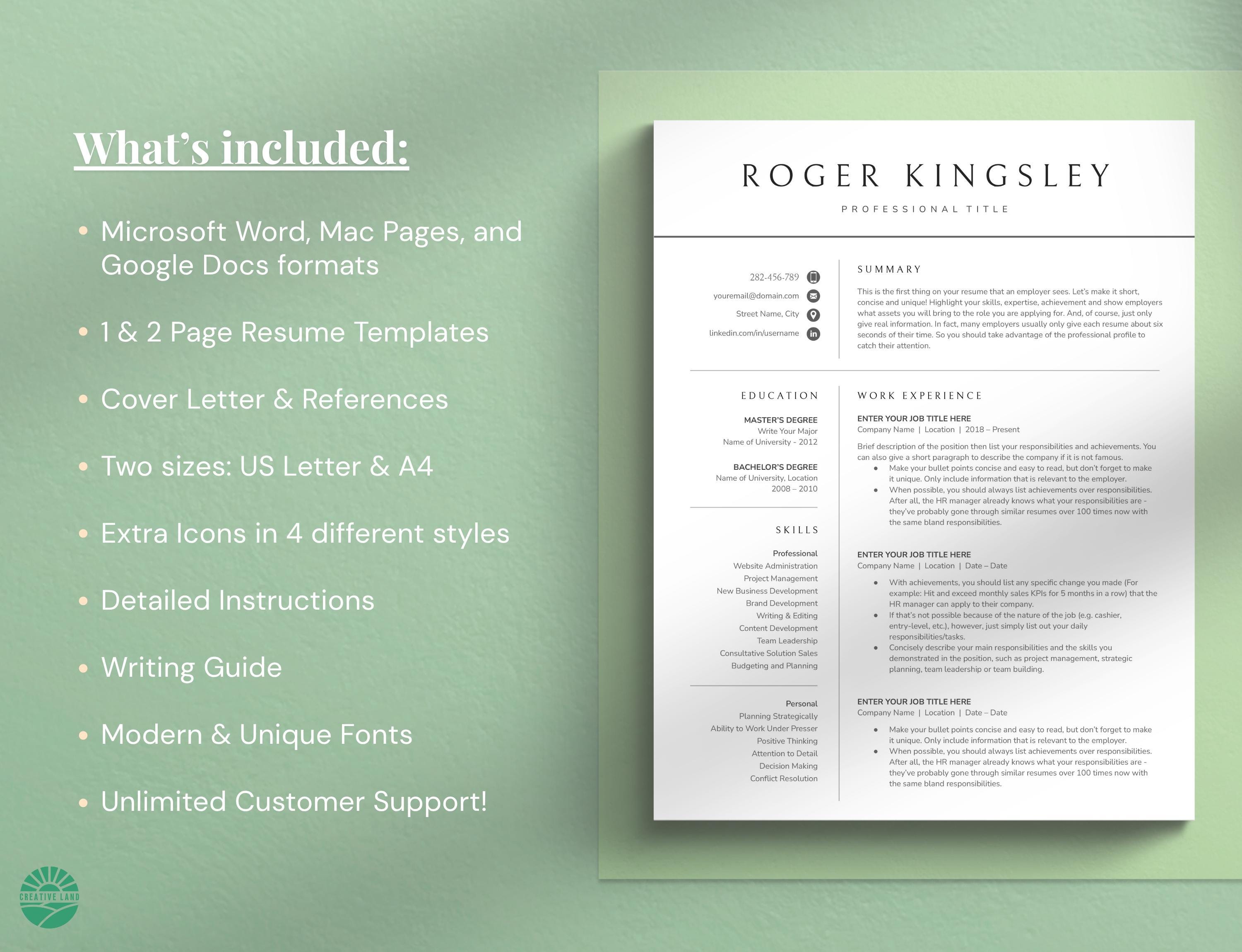 Professional Resume Template With Cover Letter (google Docs, Word ...