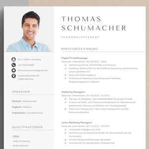 May include: A resume for Thomas Schumacher, a personal referent with experience in digital product management, marketing management, and junior marketing management. The resume includes his contact information, work experience, skills, and education.