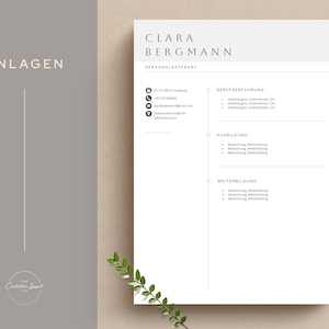 Puede incluir: Una plantilla de curr&iacute;culum vitae blanca con el t&iacute;tulo "Clara Bergmann, Personalreferent" y secciones para la experiencia laboral, la educaci&oacute;n y el desarrollo profesional. El texto "ANLAGEN" est&aacute; en la parte superior de la p&aacute;gina.